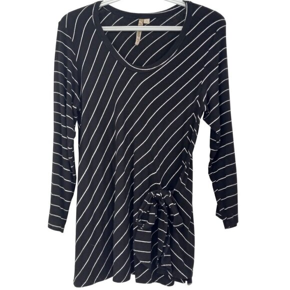 Comfy USA Black Striped Faux Wrap Tunic Top Stretch Jersey Knit Minimalist L - Picture 1 of 5